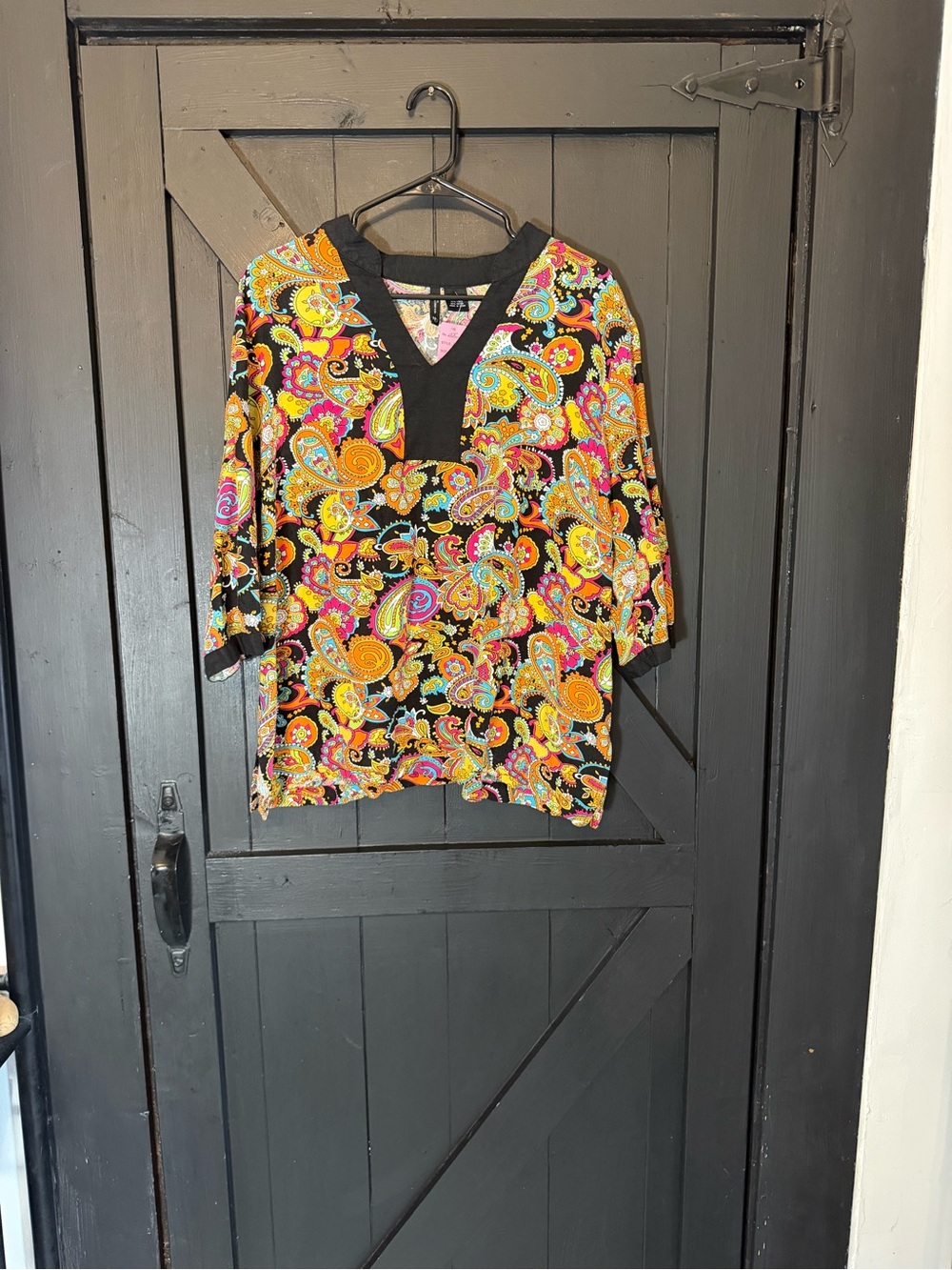new directions Black V-Neck Blouse with Yellow, Pink and Orange Paisley